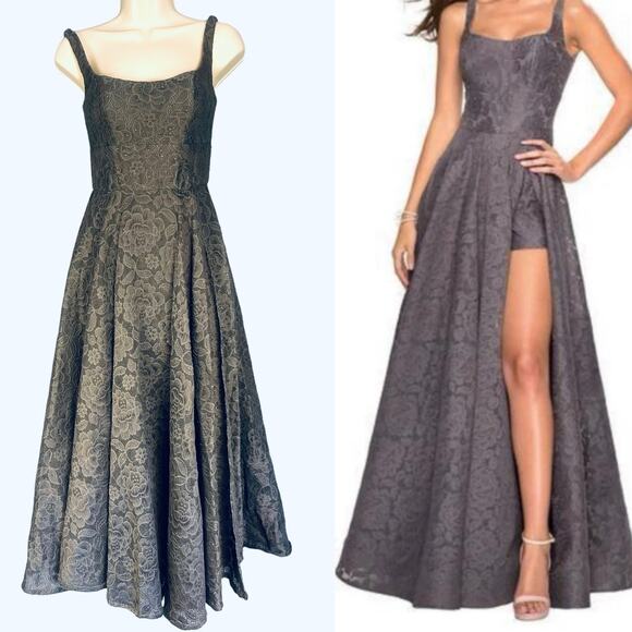 La Femme 27476 Classy Allover Lace Organza Gown with Romper Shorts Gray Size 0 - Picture 1 of 11